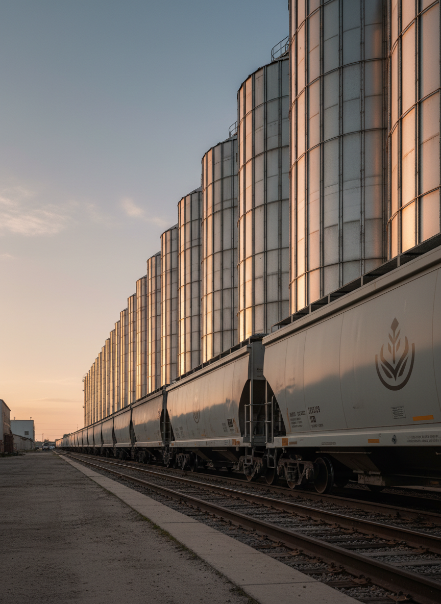 A close, photographic view of a polished stainless-steel grain elevator facility in the early evening, towering cylindrical silos lined up in a disciplined row against a clear sky. In the foreground, railway cars branded neutrally are positioned on parallel tracks, their metal surfaces showing subtle wear and texture. Soft, diffused twilight lighting creates gentle reflections on the silos and long, calm shadows across the concrete. The composition uses a slightly low angle and rule-of-thirds framing to make the infrastructure feel solid and dependable, evoking grounded expertise in agricultural commodities and long-term, trustworthy market relationships.