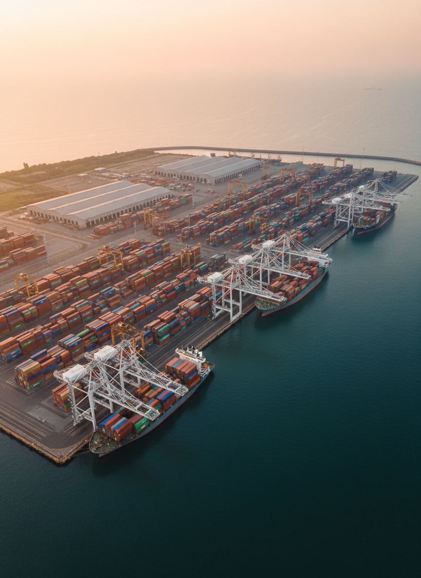 An expansive aerial photographic view of a bustling deep-water port at dawn, stacks of multicolored shipping containers arranged in precise geometric patterns along long, straight quays. Massive container cranes reach over the water, their metal arms highlighted by soft golden morning light. Cargo ships wait calmly at berth, and distant warehouses form a structured backdrop. The overall mood is orderly and strategic, with cool blue water contrasting warm container tones. Shot from a high bird’s-eye perspective with sharp detail throughout, the composition emphasizes global trade flows and a resilient, well-managed supply chain that operates with disciplined reliability.