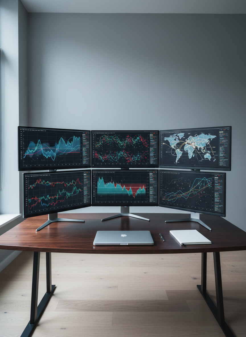 A panoramic, photographic view of a multi-screen analytical setup in a minimalist office, dedicated to commodity market strategy. Several slim-bezeled monitors form a gentle arc on a dark wood desk, each showing abstracted, non-legible price curves, volatility patterns, and global supply-demand diagrams. A sleek, closed laptop, a metal pen, and a blank notebook are neatly arranged, implying readiness for precise documentation. Cool, diffused daylight enters from a large window off-frame, creating soft reflections on the screens without glare. Shot from a slightly elevated angle with clean, modern composition, the mood is analytical, trustworthy, and deeply grounded in data-driven decision making.