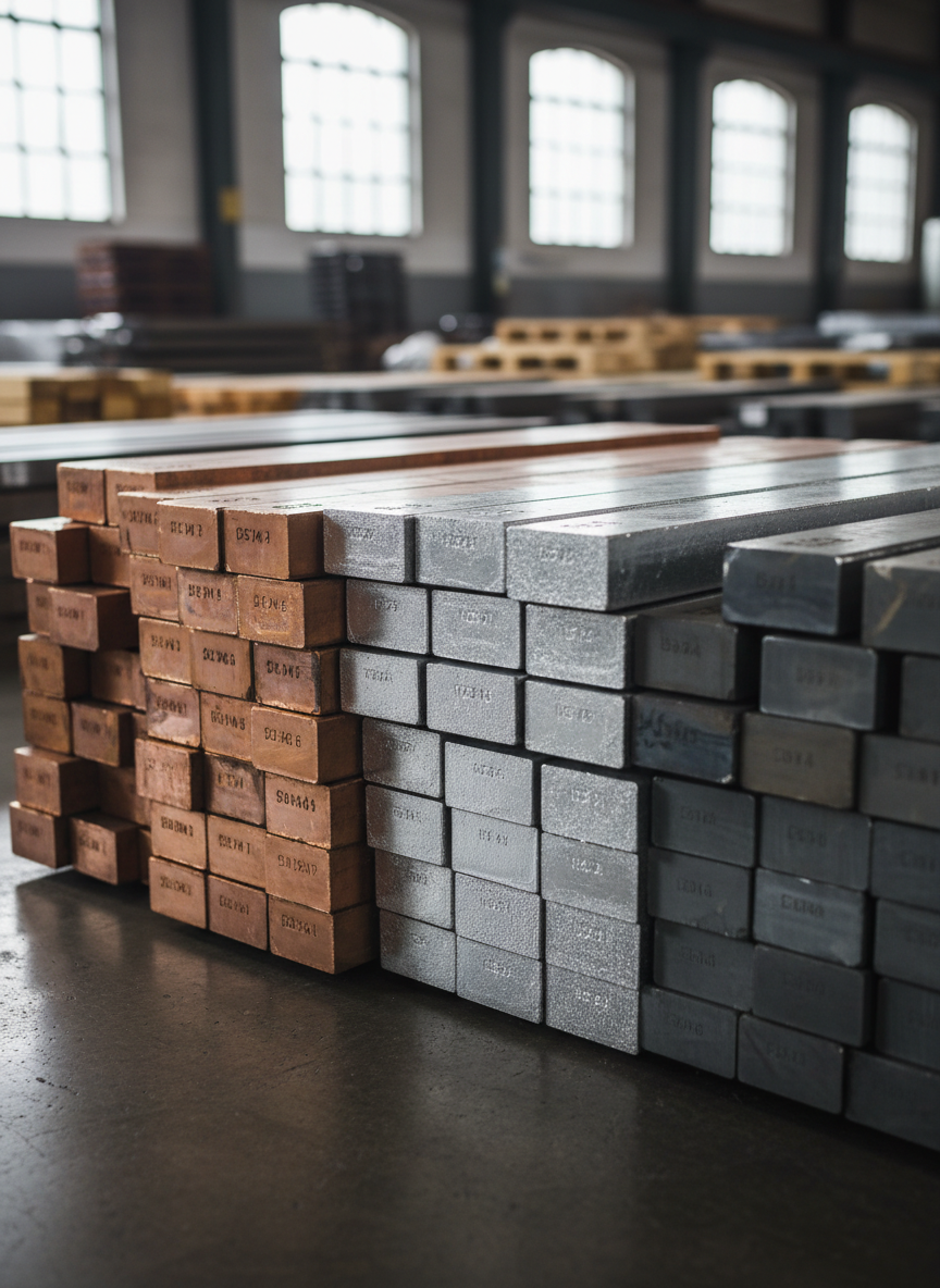 A high-resolution, photographic close-up of stacked, rectangular metal ingots—copper, aluminum, and steel—arranged in precise, interlocking rows on a clean warehouse floor. Each bar has a distinct surface character, from brushed silver to warm reddish tones, with small stamped markings that remain unreadable. Soft side lighting from high industrial windows creates defined highlights on the metal edges and gentle shadows between stacks, emphasizing weight and solidity. Shot at a low, three-quarter angle with shallow depth of field, the front ingots are crisply in focus while the background blurs into rows of additional inventory, evoking depth, scale, and disciplined metals handling in global trade.