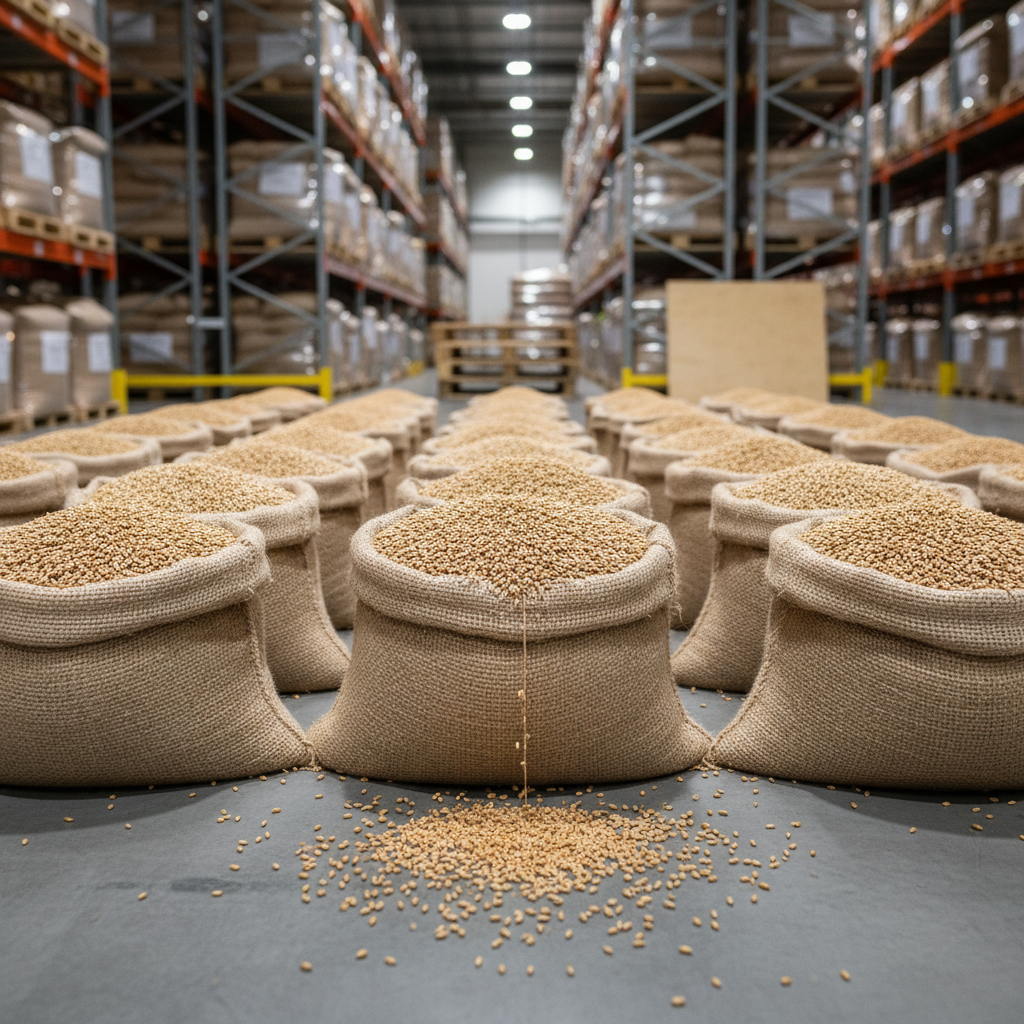 A detailed, photographic scene of neatly aligned burlap sacks overflowing with golden wheat kernels, arranged on a smooth concrete warehouse floor. The woven texture of the sacks contrasts with the glossy, uniform grains that spill slightly onto the ground. In the softly blurred background, towering metal shelving holds more labeled sacks and neutral-toned pallets, suggesting large-scale, organized storage. Overhead industrial lighting is bright but diffused, eliminating harsh shadows and emphasizing clarity and order. Captured from a slightly elevated angle with moderate depth of field, the image feels grounded, tangible, and professional, symbolizing the physical basis of commodity markets and dependable supply.